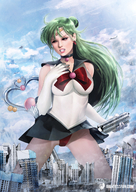 drawing giantess panties city upskirt color destruction handheld angry gloves green_hair sailor_uniform jets hand_crush thighs choker giantessfan tiara miniskirt looking_at_tiny sailor_pluto