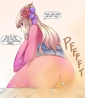 drawing crush blonde color long_hair butt ochiko_terada butt_crush purple_eyes smiling kimono fart shrunken_man gas english flower looking_back ydnkm smug devious