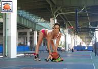 crush collage small_man size_difference cleavage domination mini_giantess basketball sneakers athletic floor looking_at_viewer squeezemeflat gym basketball_court