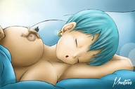 breasts drawing nipples sleeping cleavage anime climbing blue_hair lying_down unaware shrunken_man bulma earrings on_nipple in_bed dragonballz vegeta on_breasts mousticus