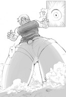 giantess manga comic monochrome barefoot huge_breasts low_angle short_hair eye looking_down english dust bakugeki_no_g giant_sparring_disciple_vs._teacher jay-bug planet_(bakugeki_no_g)