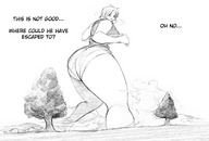 giantess manga comic monochrome large_breasts barefoot low_angle tree short_hair eye town english dust bakugeki_no_g giant_sparring_disciple_vs._teacher jay-bug looking_around planet_(bakugeki_no_g)