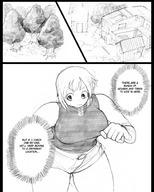 drawing giantess manga comic monochrome barefoot huge_breasts sweat short_hair eye shorts looking_down english trees dust dialogue thinking bakugeki_no_g giant_sparring_disciple_vs._teacher jay-bug planet_(bakugeki_no_g)