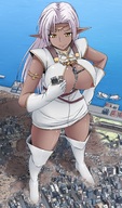 drawing nipples giantess white_hair city mega color destruction handheld ochiko_terada huge_breasts breast_crush yellow_eyes gloves elf boots foot_print hand_crush tiara dark_elf pointed_ears pirotess record_of_lodoss_war between_breasts