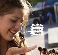 collage handheld brunette smiling hand shrunken_woman dialogue looking_at_victim imminent_vore