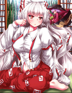 drawing gentle white_hair blushing color long_hair clothed barefoot touhou purple_hair red_eyes shrunken_woman fujiwara_no_mokou source_needed sukuna_shinmyoumaru urban_legend_in_limbo harukahime