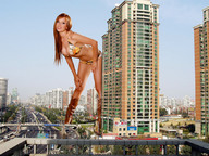 giantess collage swimsuit cleavage buildings wonderslug red_hair boots highway looking_at_viewer
