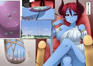 drawing giga horns color toes ochiko_terada red_eyes sandals demoness blue_skin on_nipple on_toes toga
