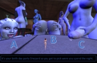 breasts nipples gentle nude vore alien butt futanari penis blue_eyes navel belly blue_skin open_mouth giantesses thighs captions party wet_pussy precum thigh_highs purple_skin littlemuse looking_at_tiny digital_render mass_effect talizorah liara liara_tsoni asari source_film_maker quarian