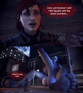 breasts giantess nude feet city alien comic futanari penis barefoot huge_breasts red_hair sitting blue_skin testicles dialogue huge_penis digital_render mass_effect liara liara_tsoni asari source_film_maker yourbigjohnson