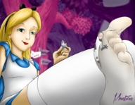 drawing crush feet blonde color blue_eyes toes soles socks dress nylons trapped alice_in_wonderland disney hair_bow stuck_to_foot looking_at_tiny mousticus alice