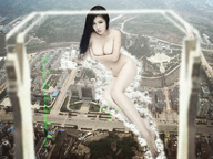 collage nude city mega destruction cleavage buildings asian looking_at_viewer sjw downward_angle