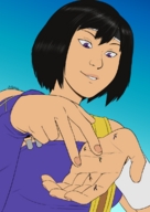 drawing size_difference black_hair handheld anime purple_eyes smiling looking_down finger_crush yuffie headband imminent_crush armbands looking_at_tiny biting_lip spokle