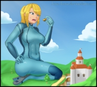 drawing mega blonde color blue_eyes handheld samus_aran castle shocked spaceship ponytail kneeling muscles zero_suit between_fingers jora-bora