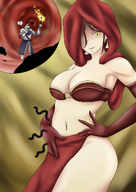 drawing vore color yellow_eyes knight gloves red_hair navel belly looking_down inside_stomach torch etz dark_souls_2 desert_sorceress