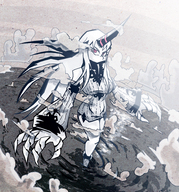 breasts drawing giantess white_hair color large_breasts long_hair claws water ocean red_eyes dress clouds white_dress bare_shoulders horn kantai_collection detached_sleeves pale_skin shinkaisei-kan seaport_hime ribbed_dress setz