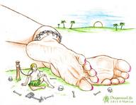 giantess feet blonde toes barefoot soles dragonesslife grass bones sky palm_trees ankle_bracelet toe_nails relaxing skull grass_skirt captured_man post setting_sun
