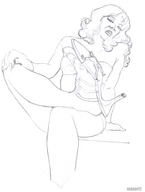 monochrome high_heels legs shrunken_man maxart1 stuck_to_foot sketching looking_at_tiny