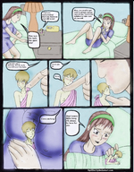drawing color long_hair barefoot bed girlfriend brunette kissing shrunken_man dialogue boyfriend nightstand between_breasts