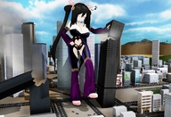 giantess city black_hair large_breasts destruction cleavage smiling unknown_artist foot_crush belly skyscraper thighs source_needed police_car_under_foot police_cars imminent_crush digital_render ariane humming