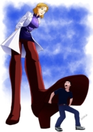 drawing blonde color high_heels green_eyes shoes low_angle neon_genesis_evangelion nylons shrunken_man looking_down commission lab_coat imminent_crush ritsuko_akagi looking_at_tiny spokle geistis