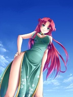 drawing color blue_eyes cleavage anime touhou smiling red_hair hand looking_down clouds sky braid looking_at_viewer green_dress hong_meiling chinese_dress