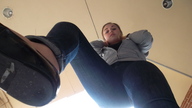 clothed jeans shoes low_angle looking_down photograph point_of_view looking_at_viewer raised_foot perspective