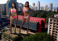 breasts giantess collage city mega swimsuit buildings brunette giantesses looking_at_viewer courtyard hands_on_hips pacmanri