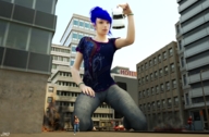 giantess city destruction handheld blue_hair kneeling vehicles running_away jenny jennifer looking_at_tiny digital_render jamesmason0 amanardra orion_the_hunter