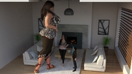 feet small_man clothed brunette mini_giantess sandals looking_down indoors living_room pedicure digital_render