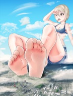 giantess feet city blonde tongue swimsuit destruction barefoot soles brown_eyes between_fingers iodain