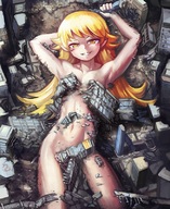 drawing giantess city blonde color destruction rampage yellow_eyes smiling yilx lying_down rubble convenient_censorship monogatari oshino_shinobu