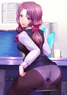 drawing panties upskirt butt butt_crush brunette stockings red_hair tights sitting office table shrunken_man ponytails white_panties looking_back computer coffee_cup looking_at_tiny charts