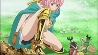 breasts drawing gentle color sword one_piece anime red_eyes smiling pink_hair kneeling looking_down thighs fairies rebecca looking_at_tiny