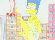 drawing giantess crush city mega color destruction blue_hair shoes smiling legs marge_simpson simpsons marge the_simpsons ballet milf
