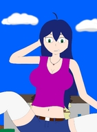 drawing growth giantess color destruction green_eyes blue_hair stockings belly shorts houses necklace request_art desuinc sizeshifter2015