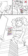 drawing gentle giantess panties city comic monochrome buildings smiling pigtails uniform open_mouth magazine thighs japanese_text closed_eyes store furefami the_idolmaster_cinderella_girls