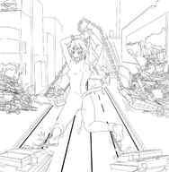 breasts giantess nude furry city monochrome destruction barefoot buildings cat_ears kemo military tank ponytail kneeling lineart back cat_girl chained chains road inked furefami arms_over_head giantess_bondage