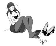 drawing blushing size_difference monochrome large_breasts long_hair toes cleavage high_heels shoes sitting nylons shrunken_man source_needed looking_at_tiny