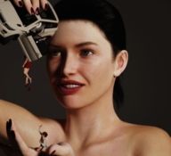 giantess handheld brunette palm dangle vehicles crouching manicure digital_render black_background range_rover