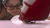 feet cleavage bra glasses brunette smiling shrunken_man giantesses necklace watching imminent_crush nude_man digital_render red_heel
