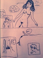 drawing nipples nude monochrome long_hair pubic_hair lying_down shrunken_man body_exploration dialogue supervicki23