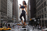 giantess collage city brunette unknown_artist streets vehicles athletic looking_at_viewer pedestrians between_buildings street_view dumbbell