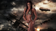 giantess collage long_hair brunette military blimp unknown_artist muscles airplane clouds athletic looking_at_viewer