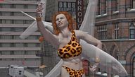 city handheld buildings giganta red_hair navel belly reaching wonder_woman cheetah_print leopard_print drcreep digital_render dc_comics invisible_jet overturned_truck