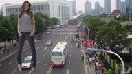 giantess collage city clothed brunette bus streets vehicles looking_at_viewer pacmanri