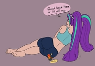 drawing color toes barefoot purple_hair red_hair ponytail shorts shrunken_woman jacket looking_back sports_bra threatening imminent_butt_crush trapped_under_ass grey_background
