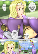 drawing blonde comic color butt_crush princess green_eyes shrunken_man tiara furniture kibate struggling prince looking_at_tiny long_gloves patio lavender_dress hedges ass_crack