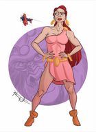 breasts drawing giantess mega color blue_eyes shoes giganta red_hair ponytail dress pink_dress necklace earrings belt bracelet heeled_boots hands_on_hips biplane no_background dc_comics bare_legs gorilla_grodd