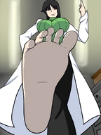 drawing black_hair toes barefoot soles red_eyes low_angle looking_down lisa point_of_view raised_foot lab_coat perspective imminent_crush looking_at_tiny bumblebambi